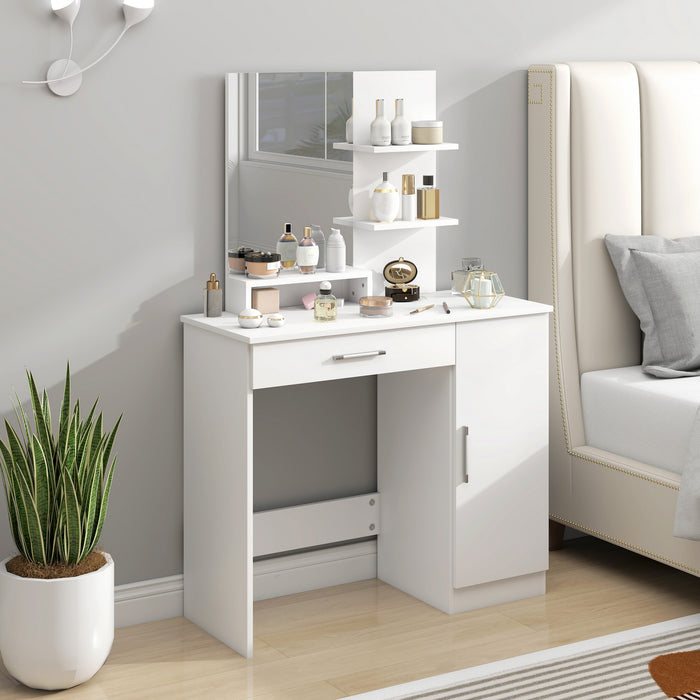 HOMCOM Vanity Table, Makeup Table with Mirror and Storage Shelves, White