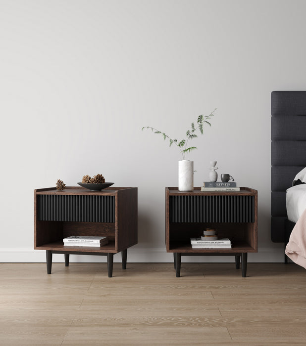 Duane Mid-Century Modern 20\" Fluted Nightstand in Black (1-Drawer) - Set of 2
