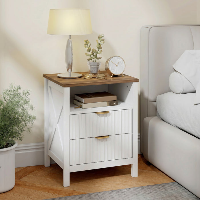 HOMCOM Nightstand Bedside Table with Shelf, 2 Drawers, White and Walnut