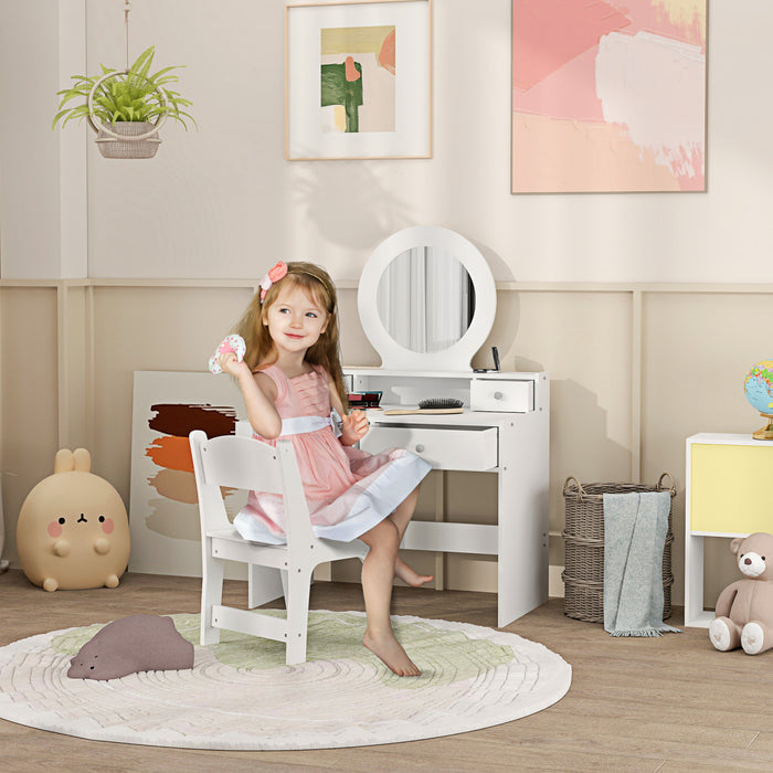 Qaba Kids Vanity Set, Children Dressing Table With Mirror, Kids Makeup Table With Stool And Storage Drawers, For Ages 3-8, White