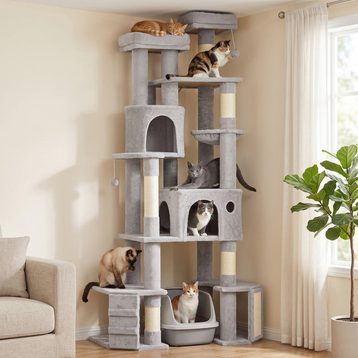 PawHut 79\" Tall Cat Tree for Indoor Large Cats Adult, Multi-Level Kitty Tower Split Baseboard, 2 Condos, 2 Beds, 5 Sisal Scratching Posts, Hammock, Self-Grooming Brush