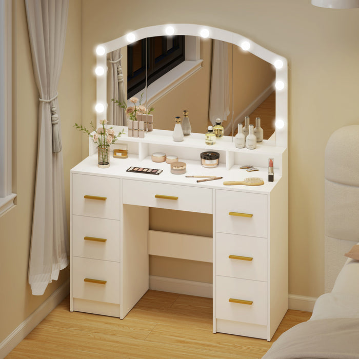 HOMCOM Vanity Desk with Lighted Mirror Makeup Vanity with 7 Drawers White