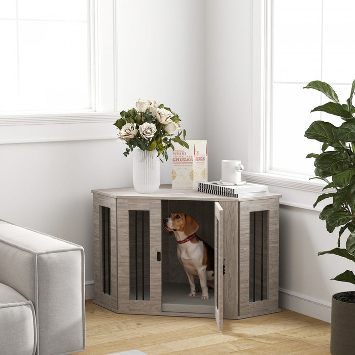 Pawhut 41\" Dog Crate Furniture, Corner Dog Crate End Table For Medium And Small Dogs, Indoor Dog Cage With Cushion, Door, Lock, Grey