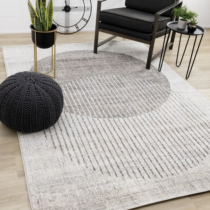 Solace Soft Low-Pile Grey White Merging Circles Area Rug - 6'7\" x 9'6\"