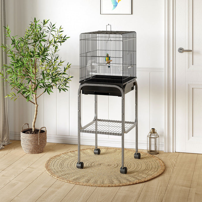 Pawhut 44.5\"h Metal Bird Cage Parrot Play Spot Stand W/ Wheel Storage Shelf Multi-doors Black
