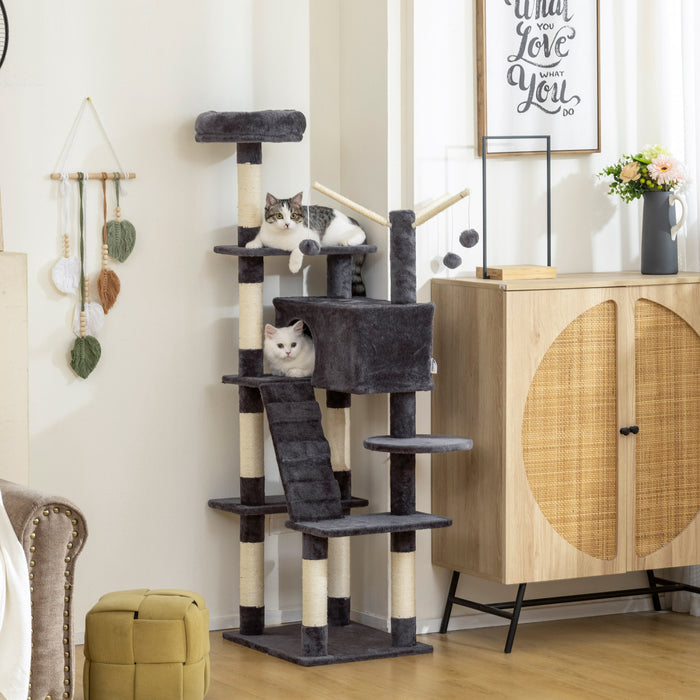 PawHut 59 Inch Cat Tree, Large Multi-Level Cat Tower with Sisal Scratching Posts, Cozy Condo, Top Perch, Ladder and Interactive Balls for Indoor Kittens, Dark Grey