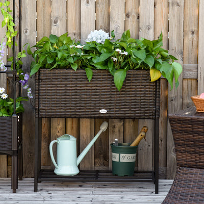 Outsunny Elevated Rattan Raised Garden Bed With Tool Storage Shelf
