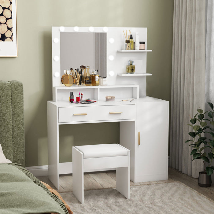 HOMCOM Vanity Table Set, Makeup Table with Stool, LED Mirror and Storage