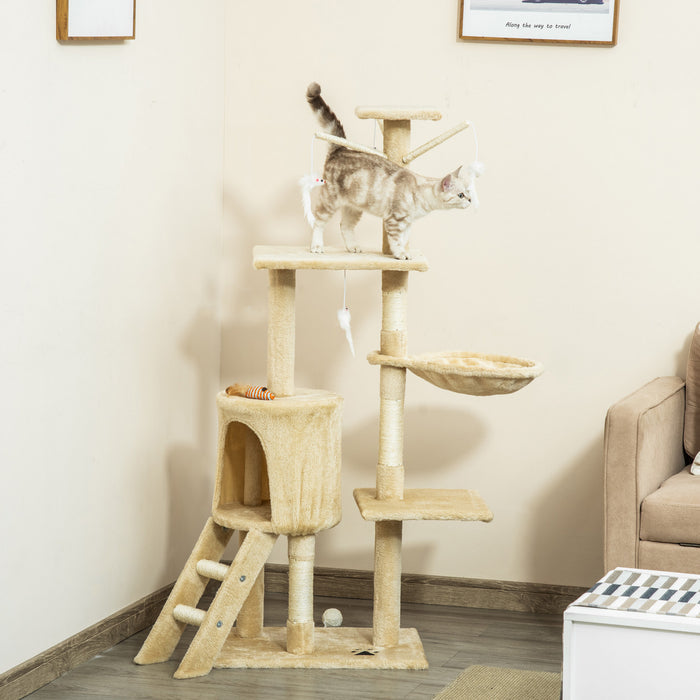 Pawhut 52\" Multi-level Cat Tree Kitten Playhouse Kitty Activity Center Scratching Post Rest Condo With Hammock Beige