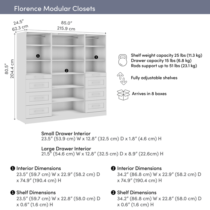 Bestar Florence 85\" Modular Reach-In/Walk-In Closet System with LED Lights, Shelves and Drawers Shaker Style - White