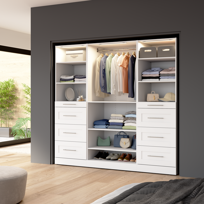 Bestar Florence 85\" Modular Reach-In/Walk-In Closet System with LED Lights, Shelves and Drawers Shaker Style - White