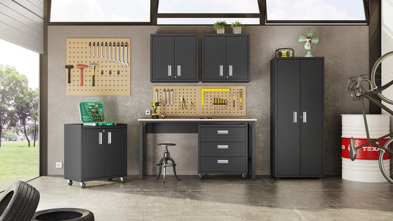 Manhattan Comfort Fortress Textured Metal 31.5\" Garage Mobile Cabinet with 2 Adjustable Shelves - Charcoal Grey