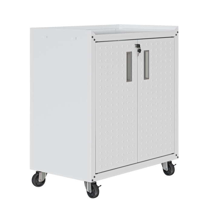 Manhattan Comfort Fortress Textured Metal 31.5\" Garage Mobile Cabinet with 2 Adjustable Shelves - White