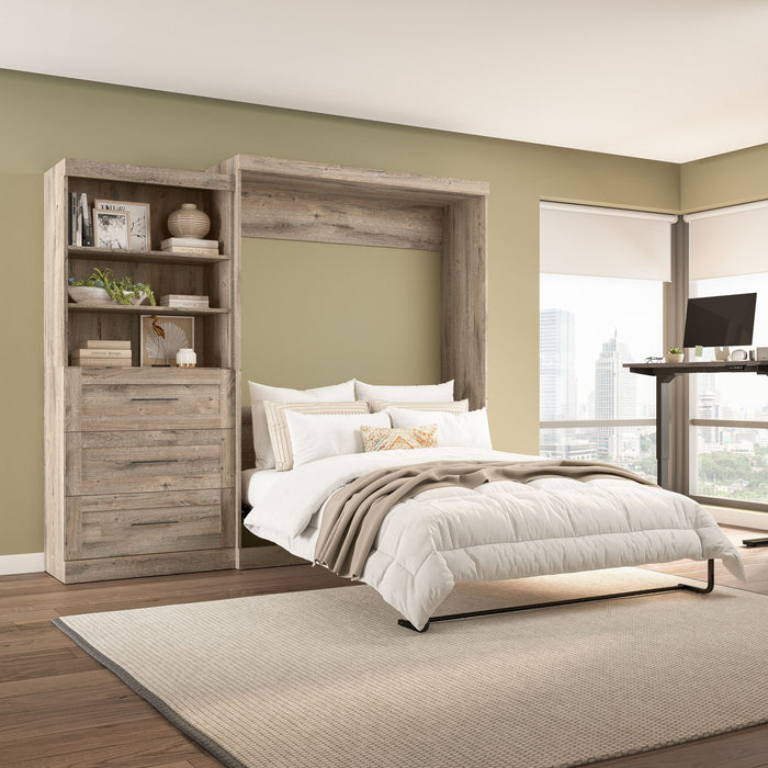 Bestar Pur Queen Murphy Bed and Shelving Unit with Drawers 101-Inch Wall Bed - Rustic Brown