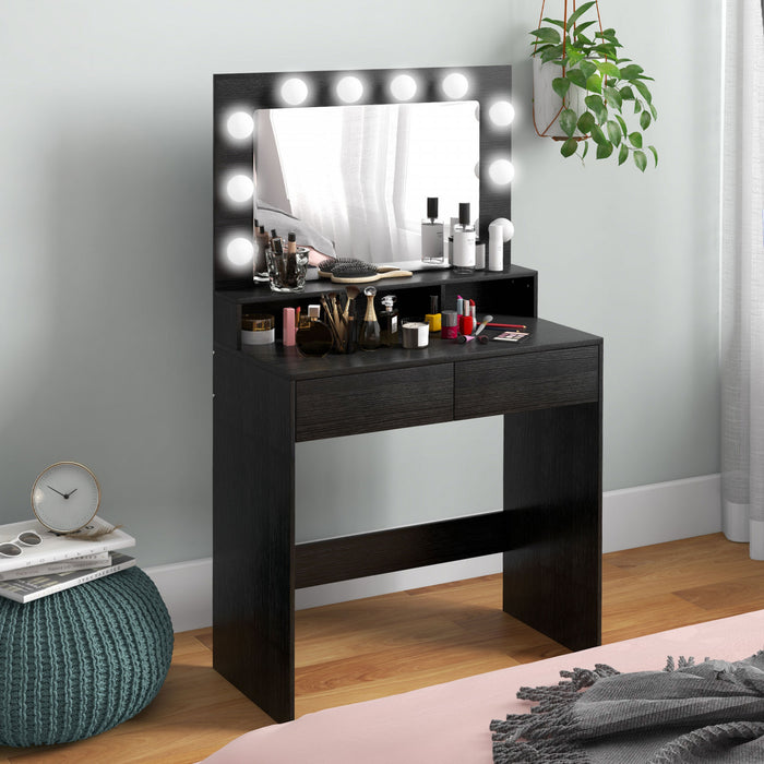 HOMCOM Vanity Table with LED Mirror, Makeup Desk with 2 Drawers, Black