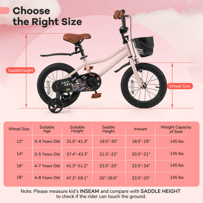 Costway 14\" Kid's Bike With Training Wheels Adjustable Handlebar & Seat Handbrake Pink