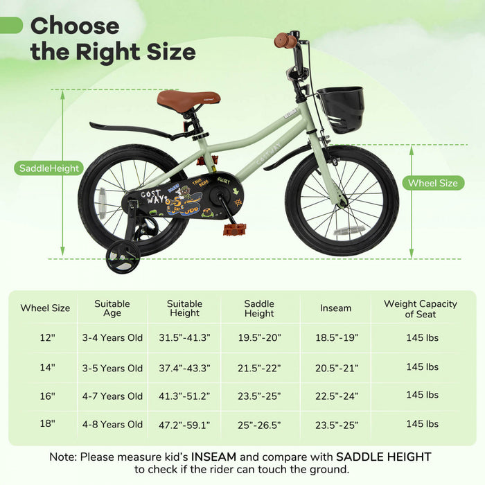 Costway 16\" Kid's Bike With Training Wheels Adjustable Handlebar & Seat Handbrake Green