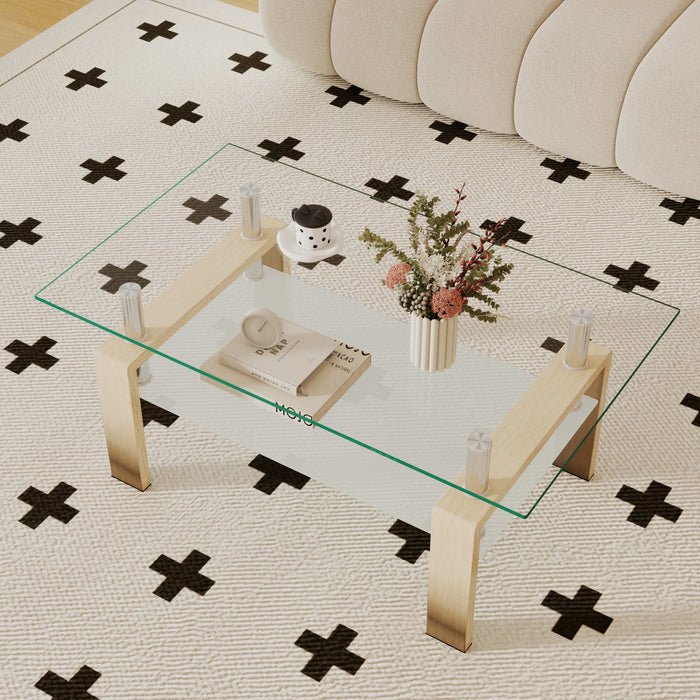 Liam Modern Rectangle Clear Tempered Glass Coffee Table,Oak