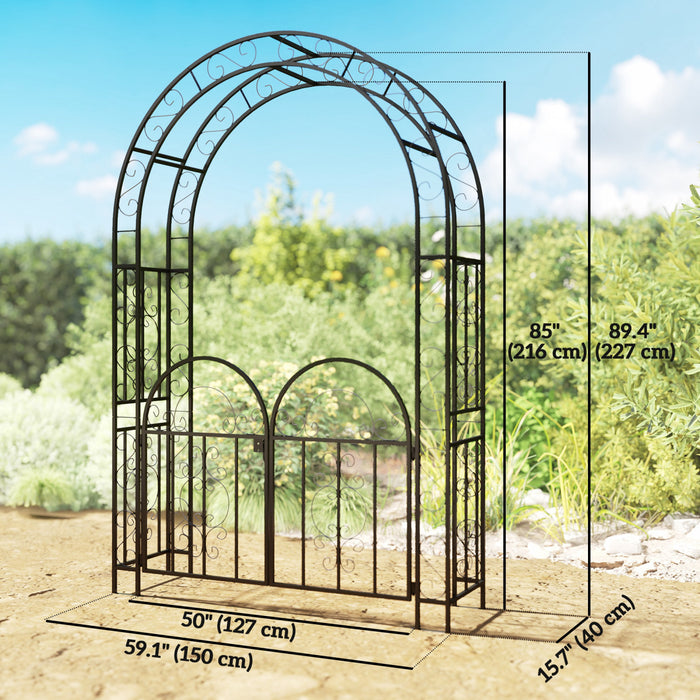 Outsunny 7.4ft Steel Garden Arch With Gate, Garden Arbor Trellis, Black