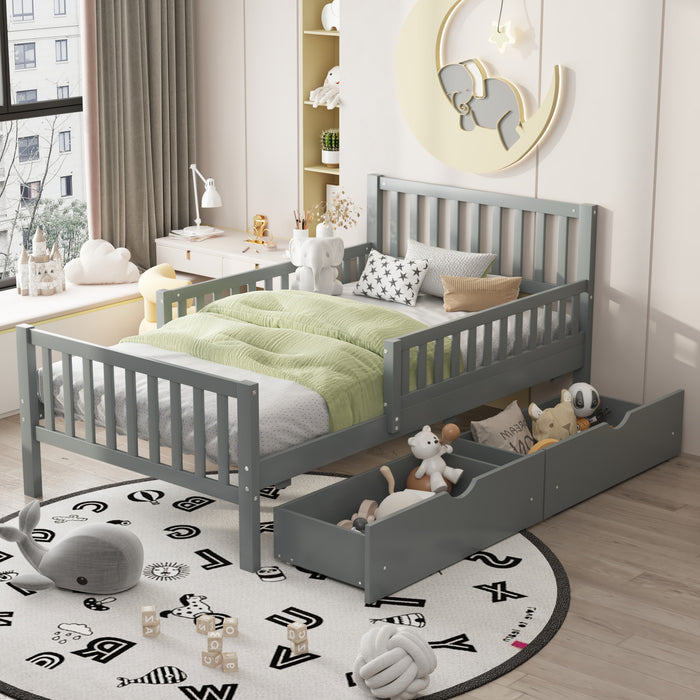 Emma Wood Platform Bed with Guardrails and Storage Drawers,Twin Size - Grey