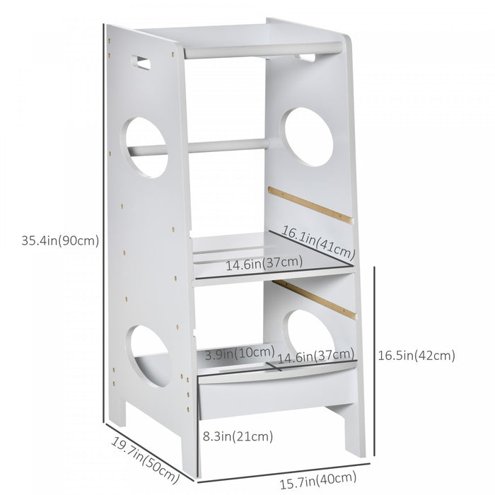 Homcom Toddler Kitchen Step Stool With Adjustable Standing Platform & Safety Rail, Grey