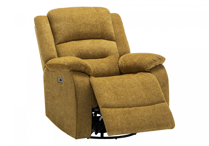 MONARCH SPECIALTIES 34\" WIDE, LARGE UPHOLSTERED POWER RECLINING CHAIR, USB PORTS INCLUDED, GOLD FABRIC, TRANSITIONAL RECLINER