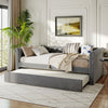 Sophia Tufted Design Upholstered Daybed with Trundle and Comfortable Backrest,Grey  | Le Daybed Sophia avec design capitonne, revetement en tissu, lit d'appoint avec trundle et dossier confortable, couleur grise