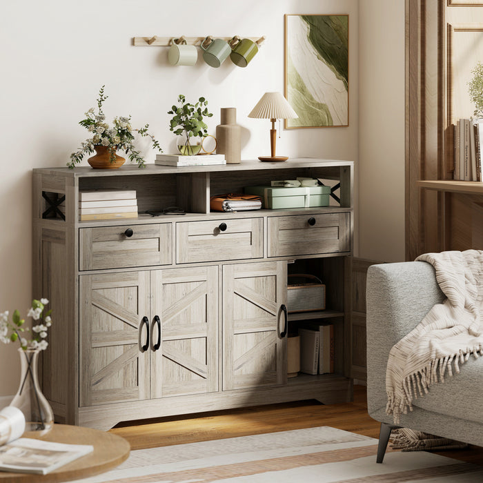 HOMCOM Sideboard, Buffet Cabinet with 4 Barn Doors and 3 Drawers Grey