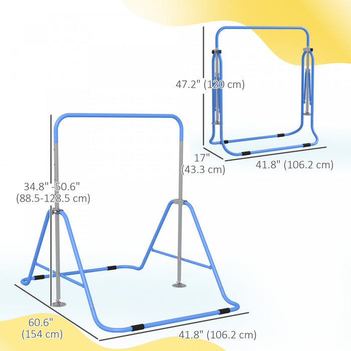 Qaba Gymnastics Bar For Kids, Foldable Gymnastics Equipment With Adjustable Height, Expandable Horizontal Kip Bar For Home Training, Blue