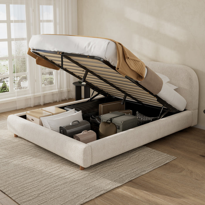 Laurel Ottoman Hydraulic Lift Storage Platform Bed with Boucle Upholstered and Hidden Under-White 