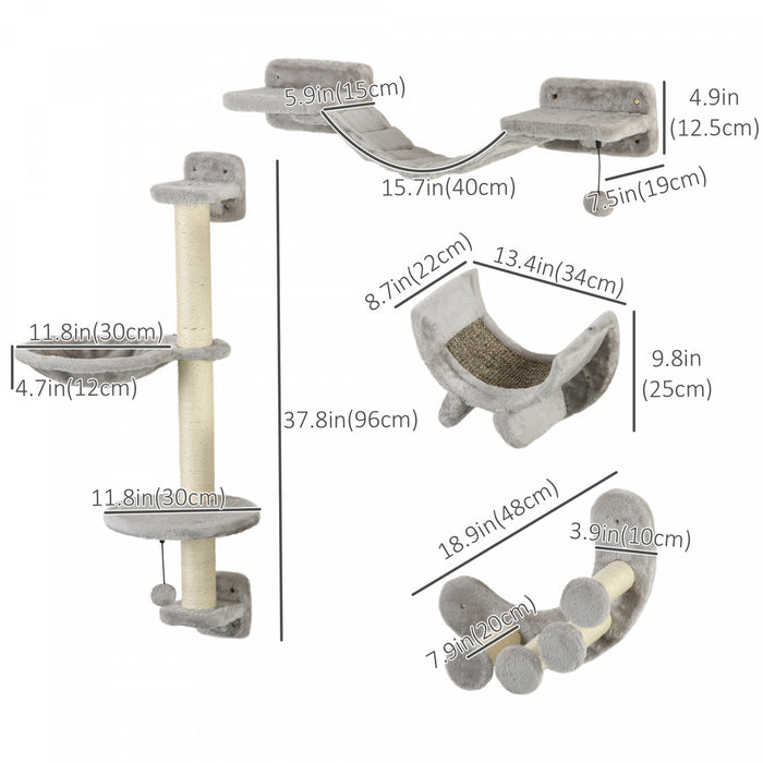 Pawhut Cat Wall Shelf With Scratching Post, Jumping Platform With Soft Ladder, Cat Wall Shelves For Relaxing, Sleeping, Climbing, Cat Wall With Soft Hammock And Play Balls, Grey