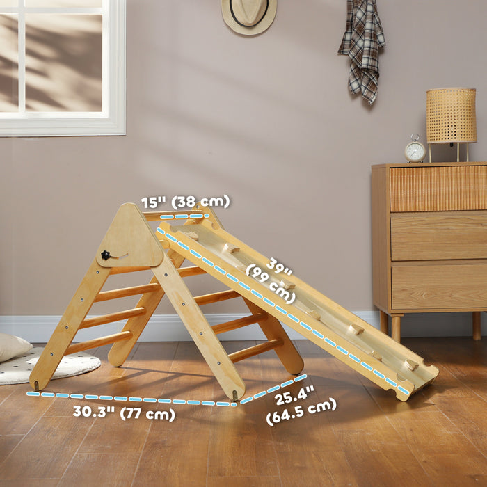 Qaba Pikler Triangle Set, Climbing Toys For Toddlers With Ramp, 3 In 1 Climbing Toys Indoor Baby Jungle Gym For 18-48 Months, Nature Wood