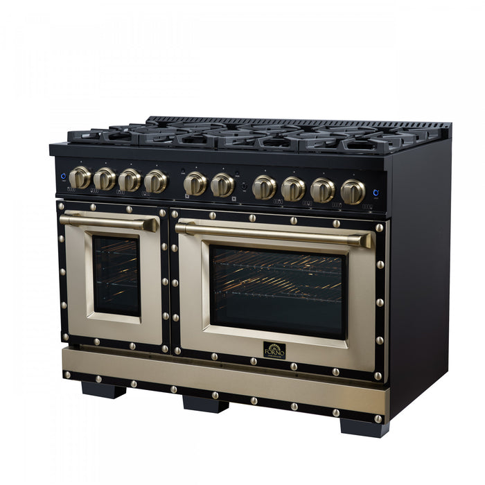 Forno Ambassador 48\" Dual Fuel Range, Black, 8 Sealed Burners, 6.7 Cu.Ft. Ovens - FFSGS6199-48CPBLK