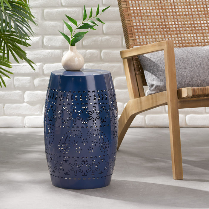 Phoenix Indoor 12\" Barrel Shape Iron Side Table With Lace-cut Design, Navy Blue