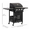 Outsunny 3 Burner Gas Grill, Portable Outdoor Propane Grill with Wheels, Carbon Steel Barbecue Trolley, Side Shelves, Warming Rack, Storage Cabinet, Thermometer, Black