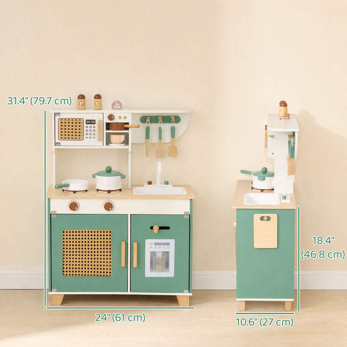 Qaba Wooden Play Kitchen Set, Kids Kitchen Playset with Microwave, Stove, Coffee Machine, Ice Maker, Storage, 19PCs Accessories, for 3-6 Y, Green