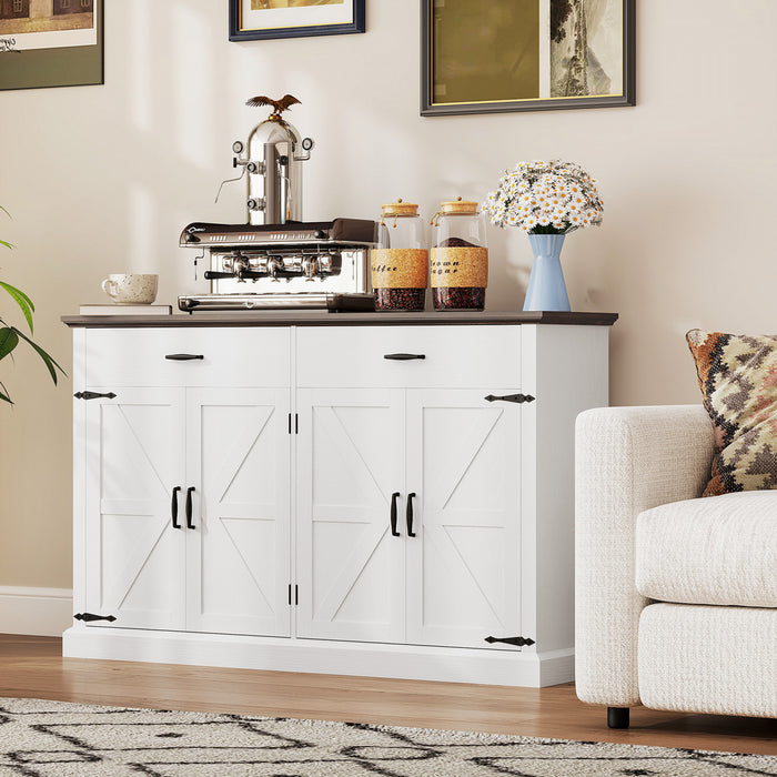HOMCOM 55\" Farmhouse Sideboard Buffet Cabinet with 4 Barn Doors White