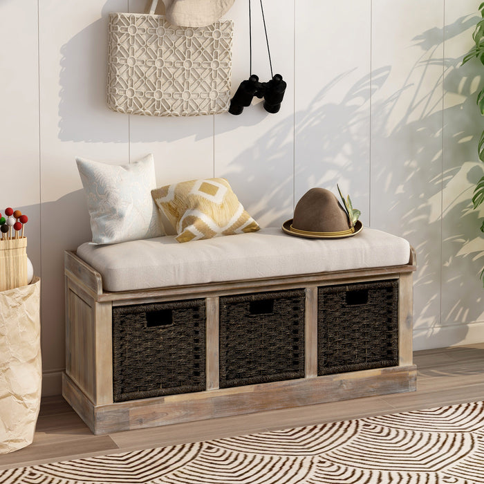 Leif Solid Wood And Rattan Baskets Storage Bench With Cushioned Seat - White