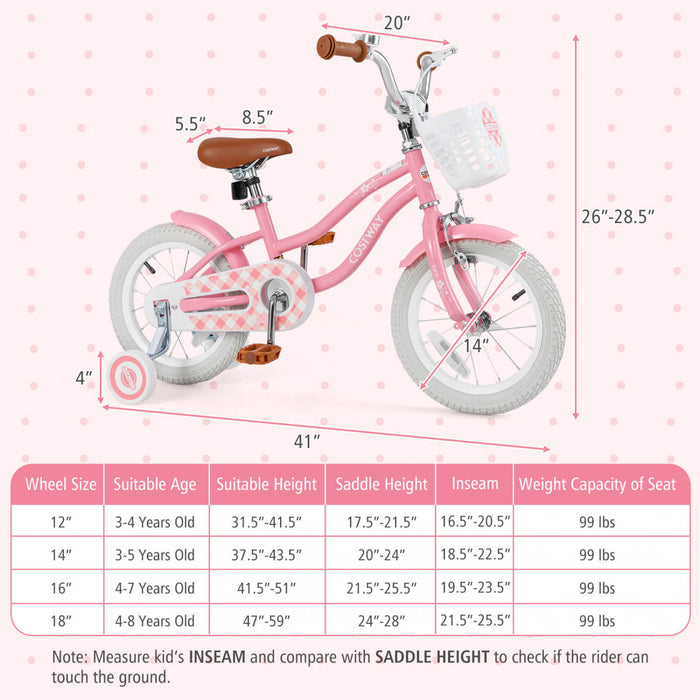 Costway 14\" Kid's Bike With Removable Training Wheels & Basket For 3-5 Years Old Pink