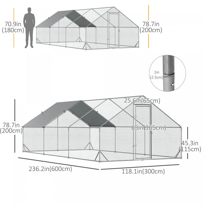 Pawhut Metal Chicken Coop, Walk-in Large Chicken Run, Poultry Cage For Backyard Hen, Duck, Rabbit With Water- And Uv-protection Cover, For 12-18 Chickens, 9.8' X 19.7' X 6.6'