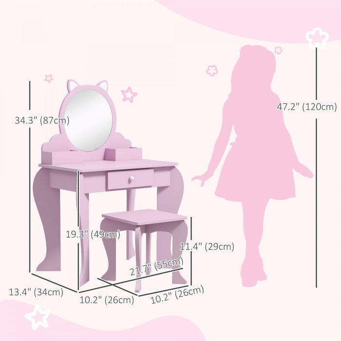 Qaba Kids Vanity Set With Mirror And Stool, Makeup Vanity Table For Children 3-6 Years Old, With Drawer Storage Boxes, Cat-design
