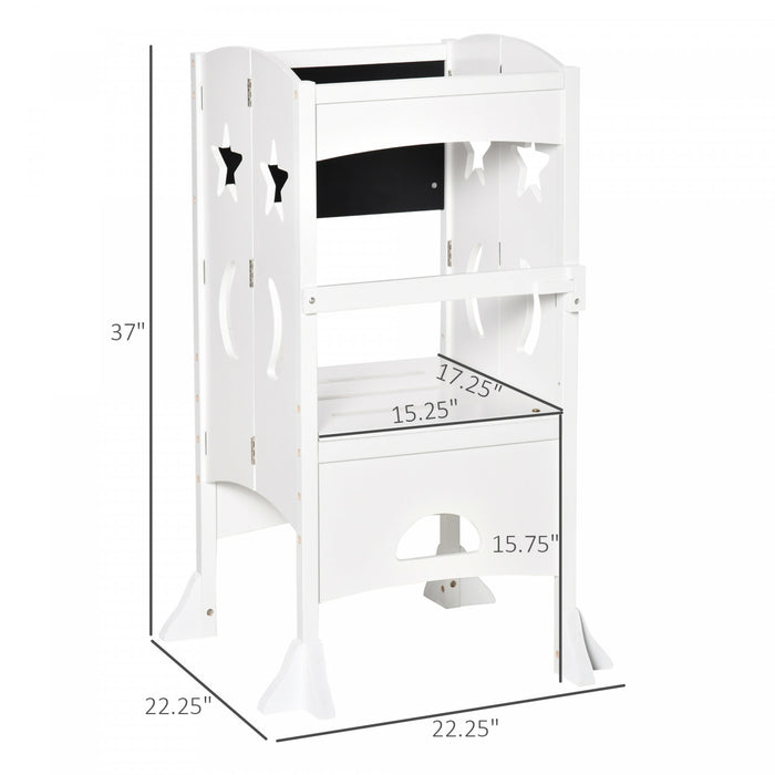Qaba Kids Kitchen Helper Foldable Step Stool Toddler Kitchen Stool With Blackboard Lockable Handrail For 3-6 Years Old White