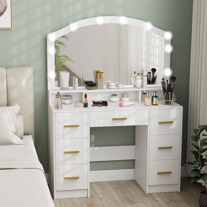 HOMCOM Vanity Desk with Lighted Mirror Makeup Vanity with 7 Drawers White