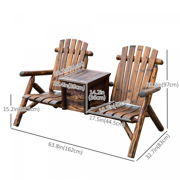 Outsunny 64\" Double Wooden Garden Bench With Table, Rustic Brown