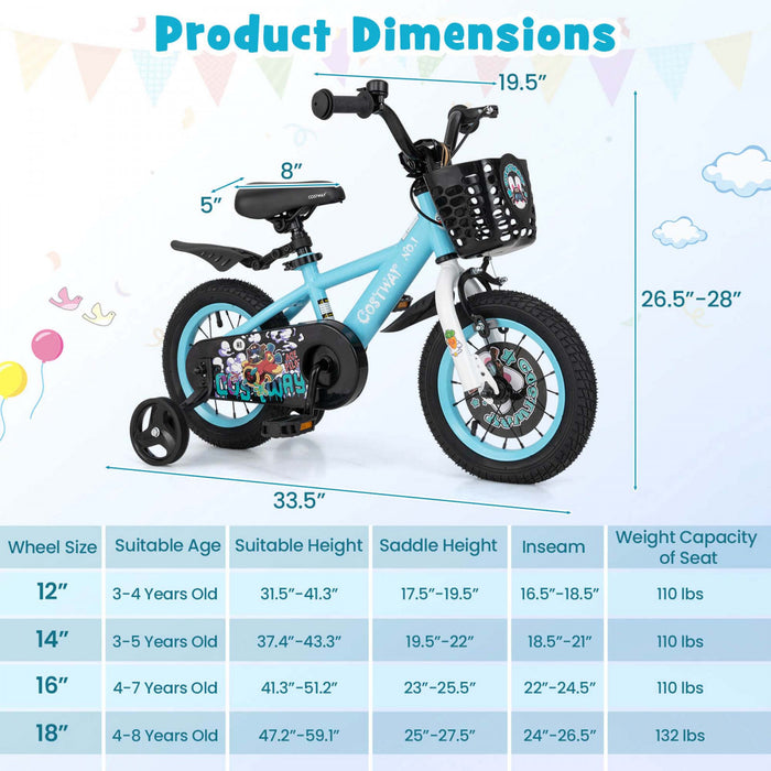 Costway 12\" Kid's Bike For 3-4 With Height-adjustable Handlebar & Saddle Handbrake Blue