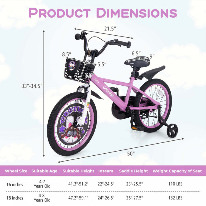 Costway 18\" Kid's Bike For 4-8 With Height-adjustable Handlebar & Saddle Handbrake Purple