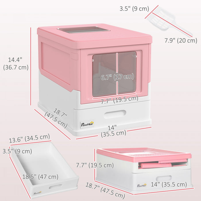 Pawhut Cat Litter Box, Enclosed Foldable Kitty Litter Box With Scoop, Tray, Front & Top Entry, Large Space, Portable Design, Pink