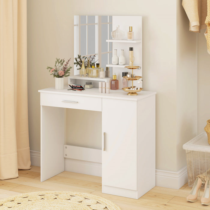 HOMCOM Vanity Table, Makeup Table with Mirror and Storage Shelves, White