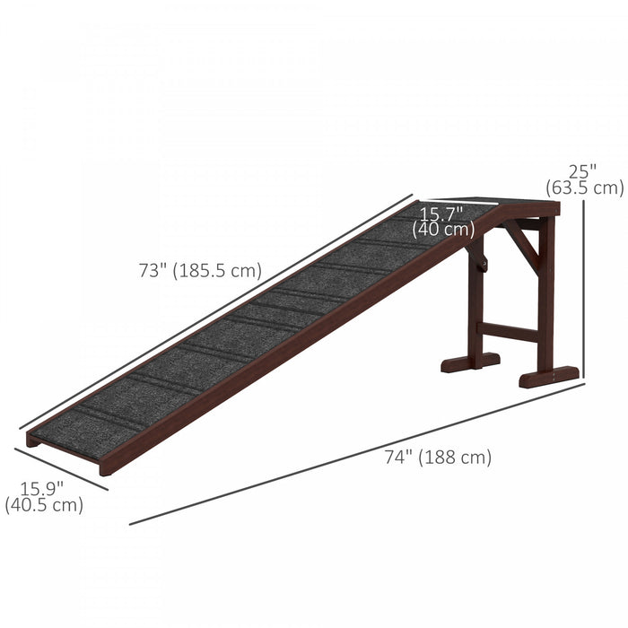 Pawhut Pet Ramp Bed Steps For Dogs Cats Non-slip Carpet Top Platform Pine Wood 74\"l X 16\"w X 25\"h Brown Grey
