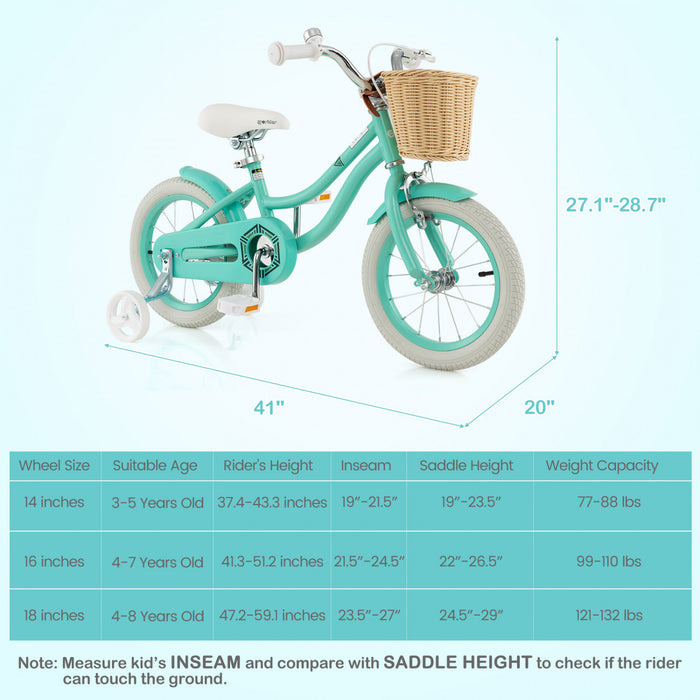 Prorider 14\" Kid's Bike With Training Wheels Adjustable Handlebar Seat Handbrake Green